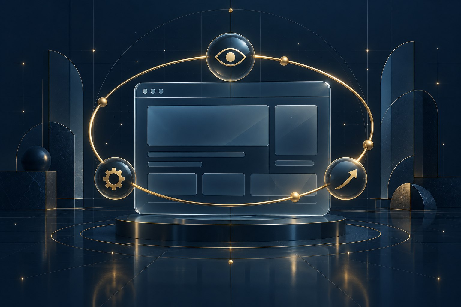 A glass website window surrounded by a gold orbit representing ongoing observation, maintenance, and improvement.