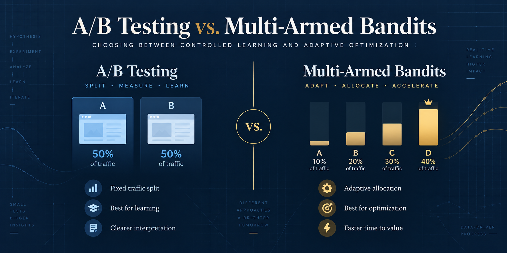 Navy-and-gold comparison of A/B testing with a fixed 50/50 traffic split and multi-armed bandits with adaptive allocation across four variants. Allocations are illustrative.